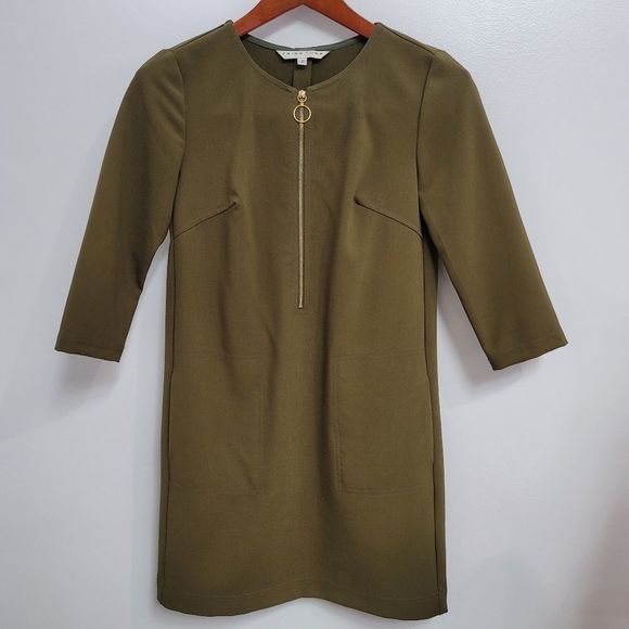 Trina Turk olive green half zip 3/4 sleeve dress size 2. - Picture 2 of 6